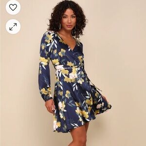 Love is Life Navy Blue Floral Print Satin Wrap Dress
